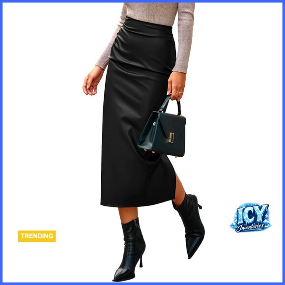 PU Leather Pencil Skirt with Back Slit Elastic Waist Bodycon Midi